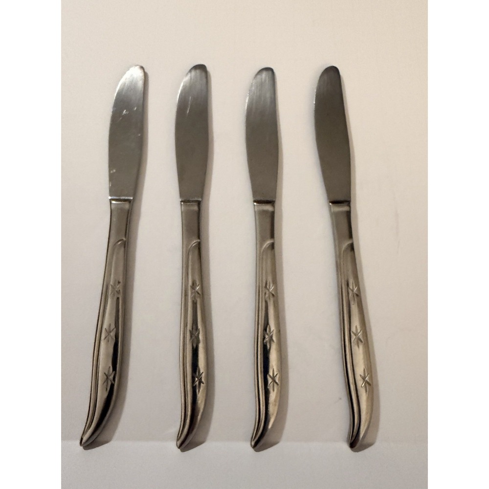 Vintage NSCO Starette Dinner Knives Set of 4 Atomic Starburst Stainless Japan